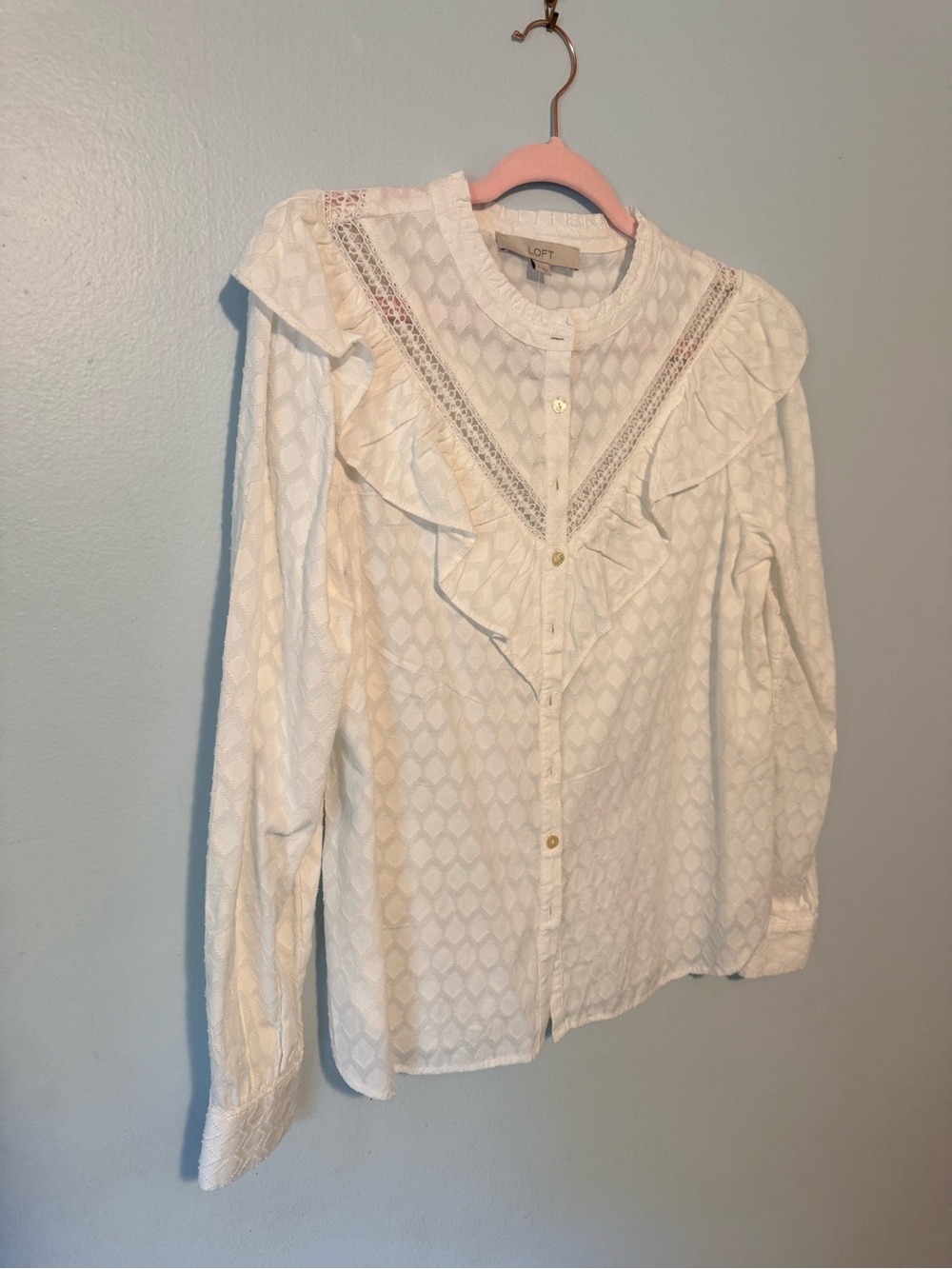 NWT LOFT White Ruffled Lace-Trim Button-Down Blouse Size S - Picture 8 of 9